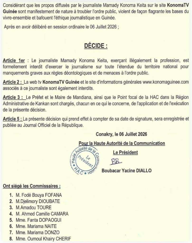 Guinée : la HAC sanctionne le journaliste Mamady Konoma Keita et ses médias