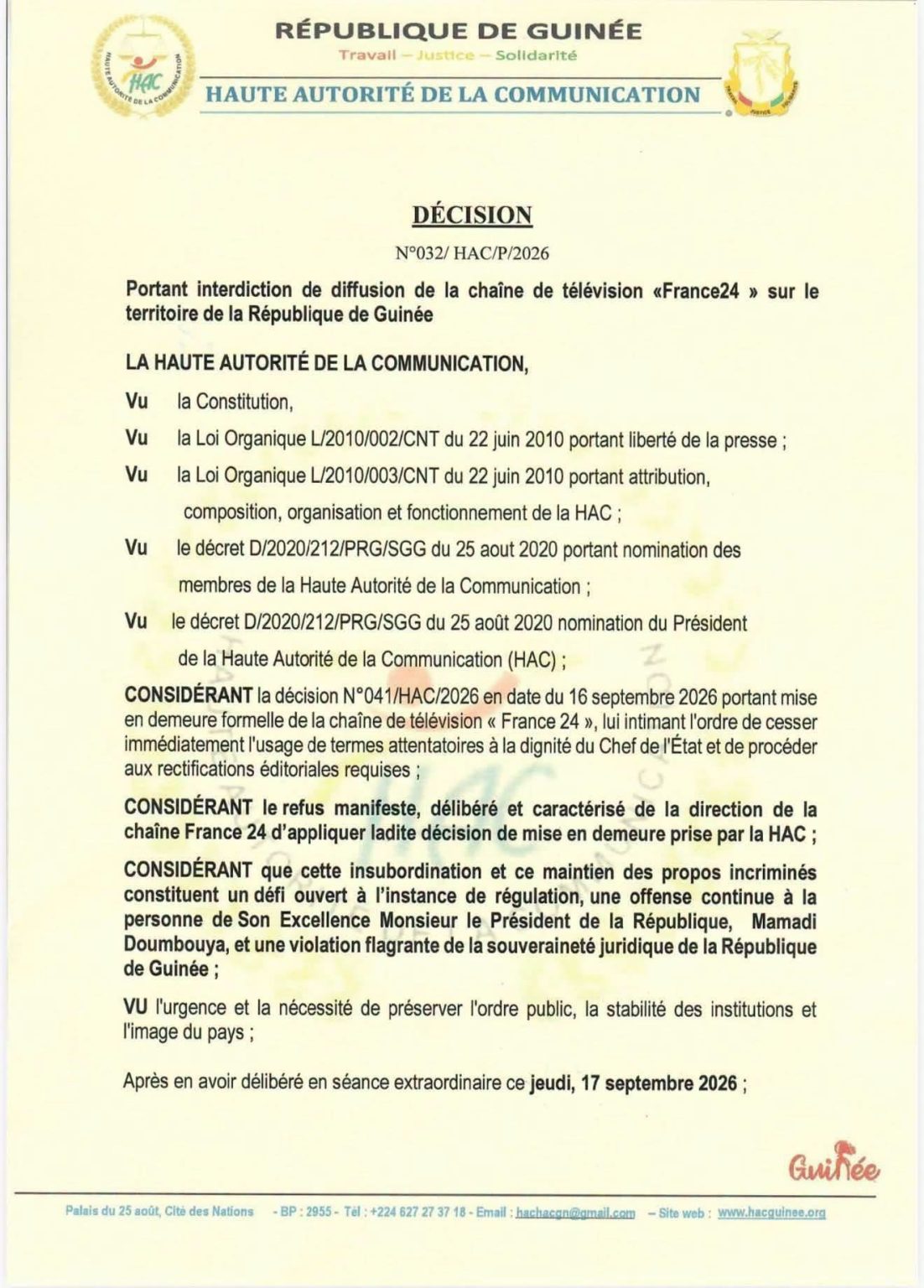 Guinée : la HAC interdit la diffusion de France 24